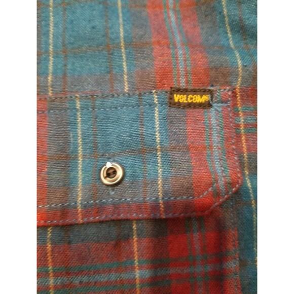 Volcom Button Up Shirt Mens Small Teal Red Classic Fit Plaid Cotton Flannel - Picture 7 of 11